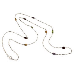 14K Yellow Gold Multicolor Gemstone Station Necklace 30" #25981