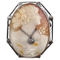 14K White Gold and Diamond Cameo Brooch/Pendant #25964