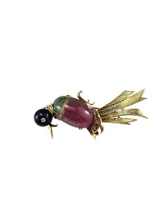 18K Yellow Gold Gemstone and Diamond Bird Brooch/Pin Certified #26038