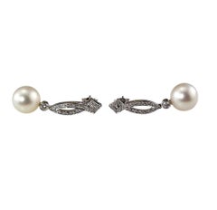 18K White Gold Pearl Diamond Dangle Earrings #25290