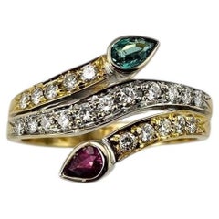 18K Gold Diamond, Ruby, and Tourmaline Ring Size 7.25-7.5 Certified #26022