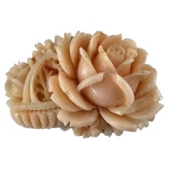 14K Yellow Gold Carved Pink Coral Floral Brooch/Pin Certified #26140