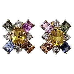18K Yellow Gold Multicolor Sapphire and Diamond Earrings Certified #26135