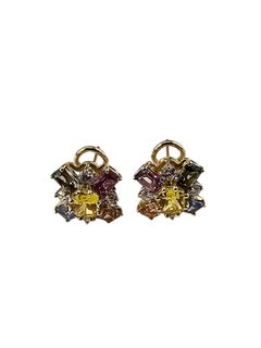 18K Yellow Gold Multicolor Sapphire and Diamond Earrings Certified #26135