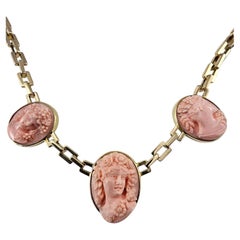 14K Yellow Gold Carved Coral Cameo Necklace Certified #26050