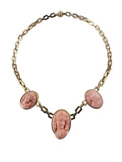 14K Yellow Gold Carved Coral Cameo Necklace Certified #26050
