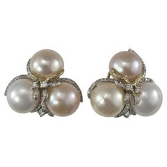 18K Yellow Gold Large Pearl and Diamond Cluster Earrings #26201