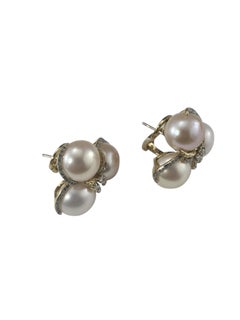18K Yellow Gold Large Pearl and Diamond Cluster Earrings #26201