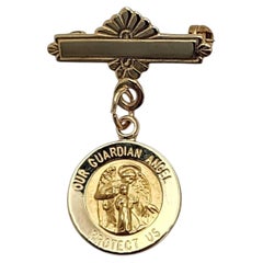 14K Yellow Gold "Our Guardian Angel Protect Us" Medal Charm Bar Pin #26142