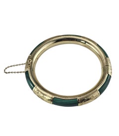 14K Yellow Gold Green Jasper Hinged Bangle Bracelet #26228