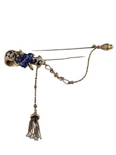 Vintage 18K Yellow Gold Enamel and Seed Pearl Double Stick Pin/Brooch #26288