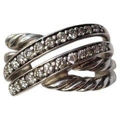 David Yurman Sterling Silver Diamond Double Row Cross Over Band w/Pouch #26712