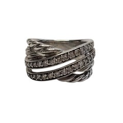 David Yurman Sterling Silver Diamond Double Row Cross Over Band w/Pouch #26712