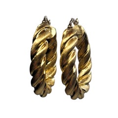 18K Yellow Gold Textured Twisted Hoop Earrings #26720