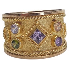 14K Yellow Gold Wide-Band Multi-Colored Stone Ring 8.25 #26760