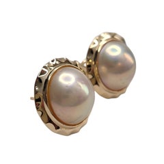 14K Yellow Gold Pearl Button Earrings #26749
