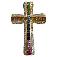 Effy 14K Yellow Gold Watercolors Natural Sapphires Diamond Cross Pendant #26869