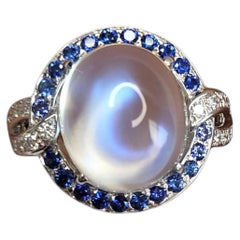 18K White Gold Moonstone, Sapphire and Diamond Halo Ring Size 7.75-8 Cert #26884