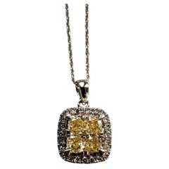 14K White Gold Fancy Yellow and White Diamond Halo Pendant Necklace Cert #26883