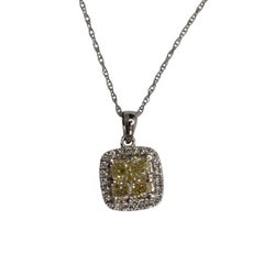14K White Gold Fancy Yellow and White Diamond Halo Pendant Necklace Cert #26883
