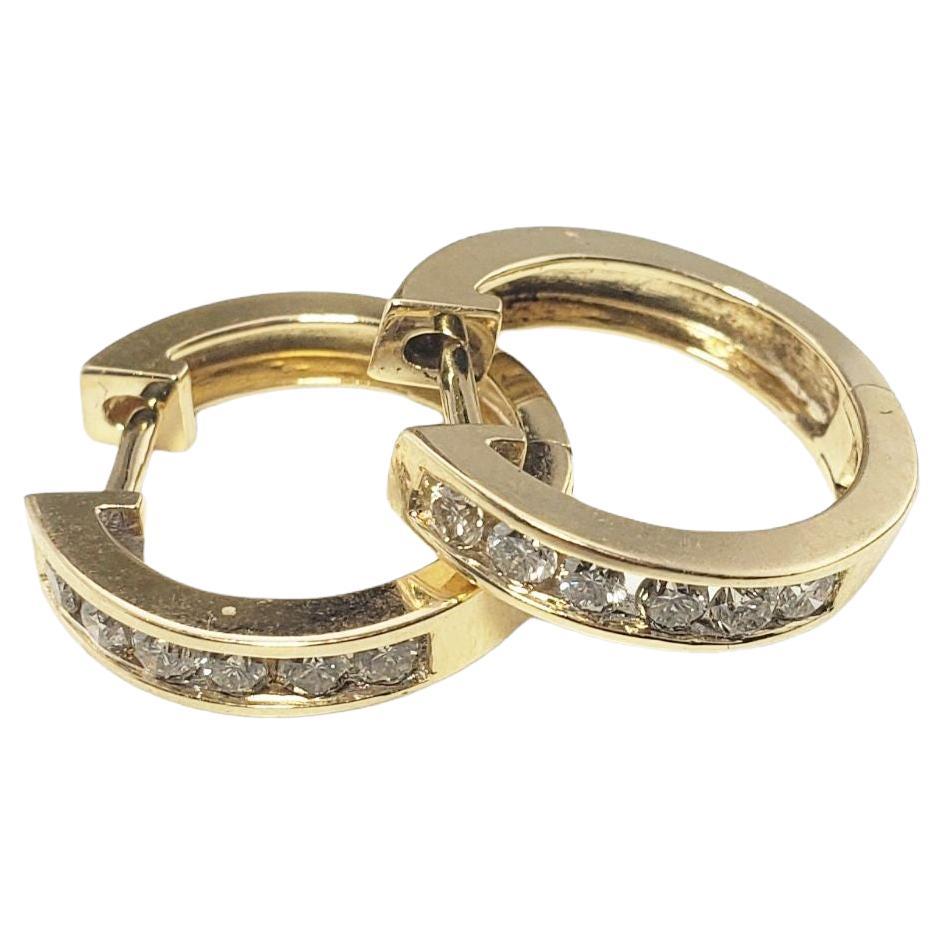 14 Karat Yellow Gold and Diamond Hoop Earrings For Sale