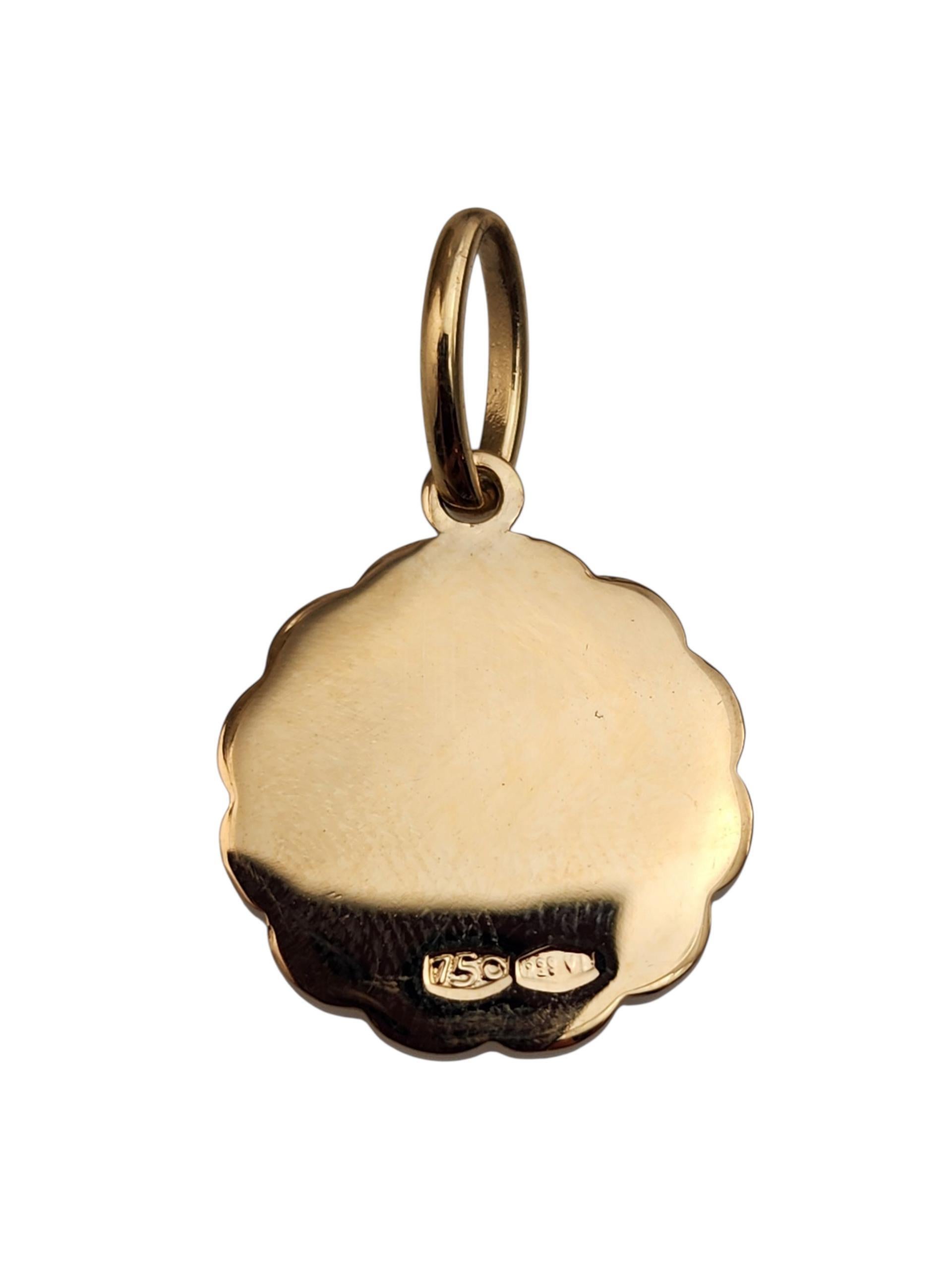 Breloque médaille religieuse en or jaune 18K -

Cette breloque de médaille religieuse en or jaune 18 carats présente une image sacrée finement travaillée, symbolisant la foi et la protection. Avec sa finition lumineuse et sa taille compacte, il est