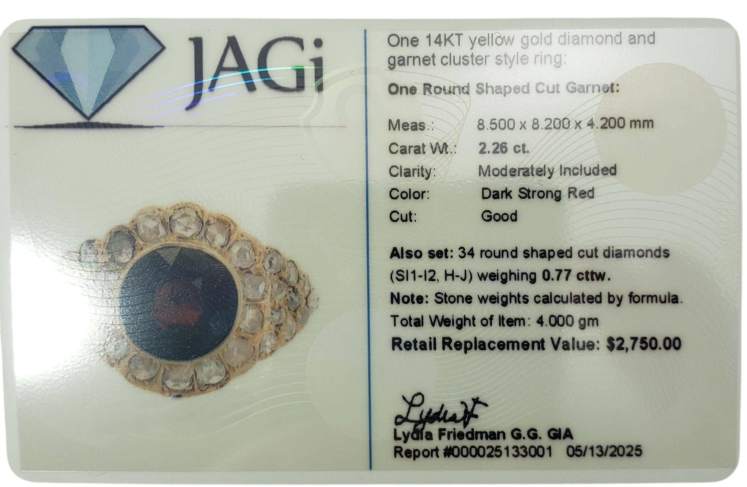 Anello a grappolo in oro giallo 14 carati con granato e diamanti, misura 5,25-5,5  #22360 in vendita 3