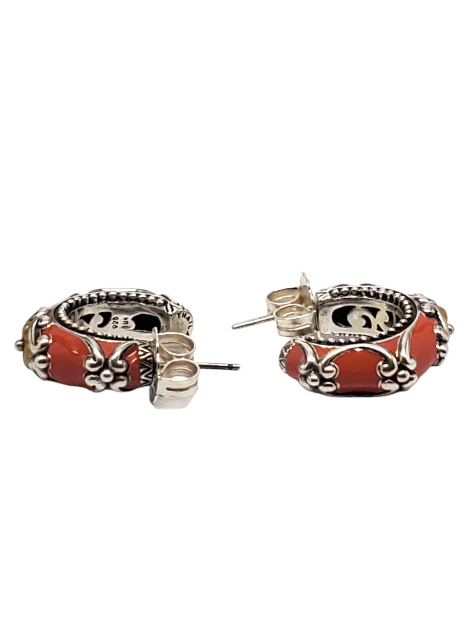 Barbara Bixby in argento sterling 18 carati. Orecchini a cerchio in corallo #21474 In condizioni buone in vendita a Washington Depot, CT