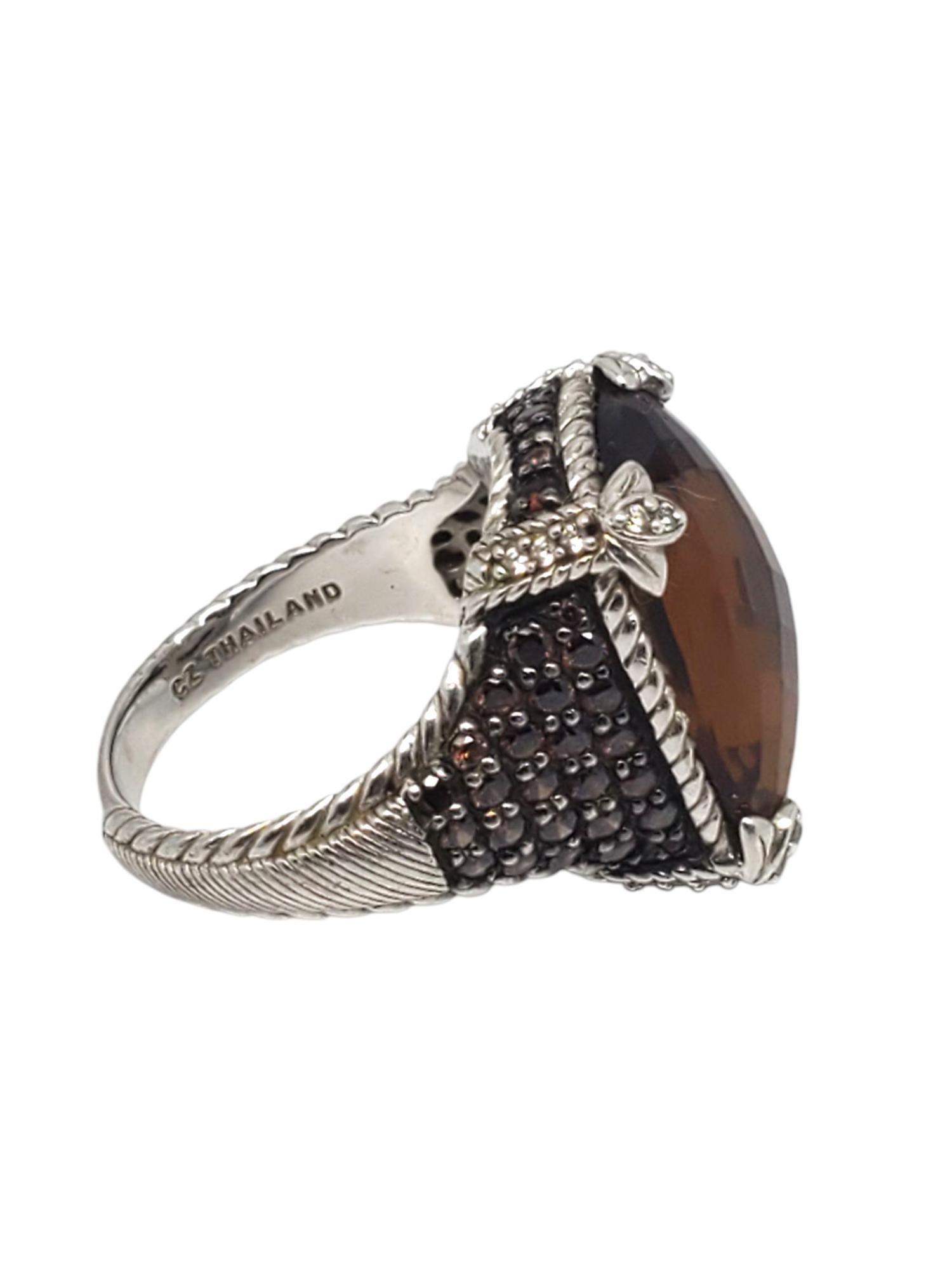 Judith Ripka Anello in argento sterling con quarzo marrone e CZ misura 11 #21409 In condizioni buone in vendita a Washington Depot, CT