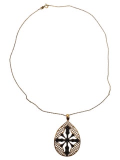 PAJ Sterling Silver Gold-Tone Black Stone Cross Pendant Necklace #21616