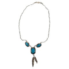 M. Nez Sterling Silver Southwest Turquoise Feather Pendant Necklace #21600