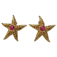 14K Yellow Gold Red Cabochon Starfish Stud Earrings #25868