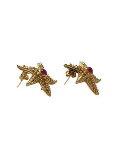 14K Yellow Gold Red Cabochon Starfish Stud Earrings #25868