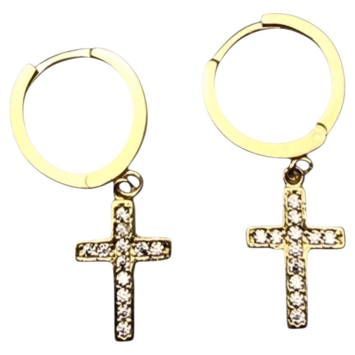 14K Yellow Gold Cubic Zirconia Dangle Cross Earrings #25794 For Sale