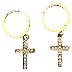 14K Yellow Gold Cubic Zirconia Dangle Cross Earrings #25794