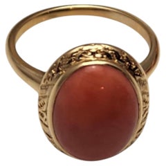 Bague en or jaune 14 carats avec cabochon de corail orange, taille 6,25 #25840