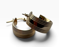 14K Yellow Gold Ribbed Wide Huggie Hoop Earrings #25726