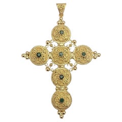 18K Yellow Gold Ornate Emerald Cross Filigree Pendant #25862