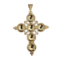 18K Yellow Gold Ornate Emerald Cross Filigree Pendant #25862