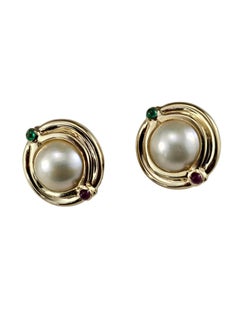 14K Yellow Gold Pearl and Gemstone Omega Back Earrings #25994