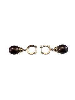 14K Yellow Gold Black Pearl Dangle Earrings #25983