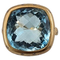 18K Yellow Gold Swiss Blue Topaz and Diamond Ring Size 6 Certified #26023