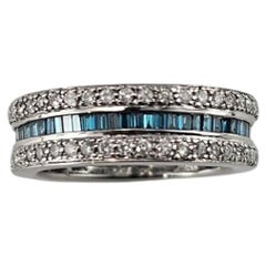 14K White Gold Blue-Green and White Diamond Ring Size 7.25 Certified #26043