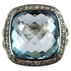 David Yurman Sterling Silver Blue Topaz and Diamond Ring Size 7 Certified #26004