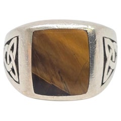 Native American Signed PB Tigers Eye Sterling Silver Ring Size 9 1/4 #26086
