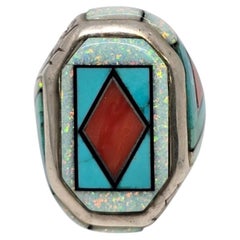 Elgin Hoskey Opal Turquoise Carnelian Inlay Sterling Silver Ring Size 10.5 26083