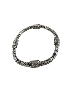 John Hardy Sterling 18K Icon Woven Chain Pave Diamond Station Bracelet #26045
