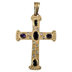 14K Yellow Gold Gemstone and Diamond Cross Pendant Certified #26008
