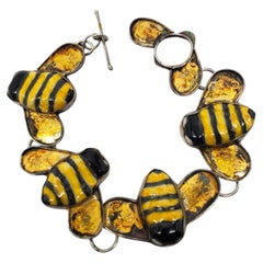 Bracelet à fermoir à bascule en argent sterling avec maillons en forme d'abeille et émail jaune et noir #25875