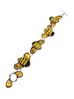 Bracelet à fermoir à bascule en argent sterling avec maillons en forme d'abeille et émail jaune et noir #25875